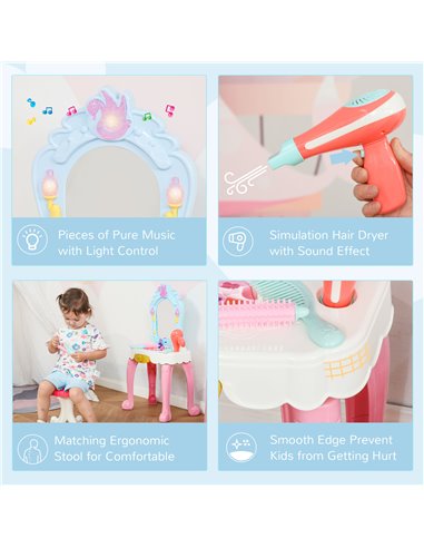 HOMCOM 20 PCS Kids Dressing Table Set, Children Vanity Make Up Desk, Musical Pretend Toy, with Beauty Kit, Mirror, Stool, for 3-