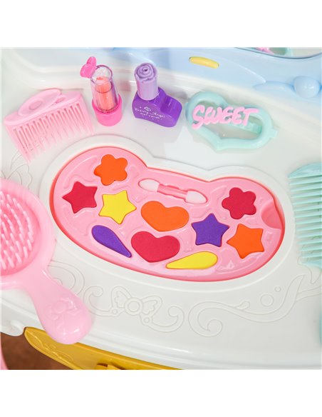 HOMCOM 20 PCS Kids Dressing Table Set, Children Vanity Make Up Desk, Musical Pretend Toy, with Beauty Kit, Mirror, Stool, for 3- - pic 9661 | FastDaddyshop
