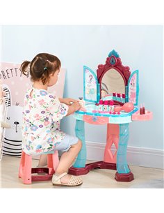 Homcom 31 Pcs Kids Dressing Table Set with Mirror, Beauty Kit, Light & Music, for 3-6 Years Old Blue+Pink 2