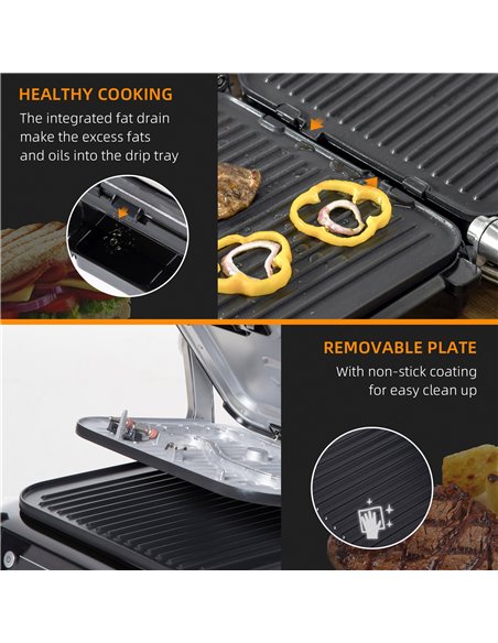 HOMCOM Health Grill & Panini Press, 2100W Electric Non-stick Grill with 180° Flat Open, Drip Tray, Removable Plate, Spatula and  - pic 96632 | FastDaddyshop