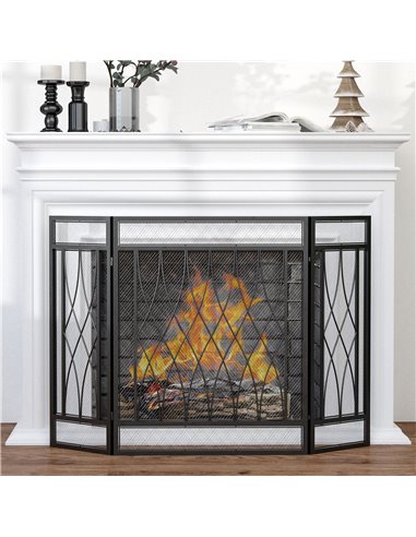 HOMCOM 3-Panel Folding Fireplace Screen, Metal Mesh Fire Spark Guard, 126L x 3W x 80H cm-Black 820-240
