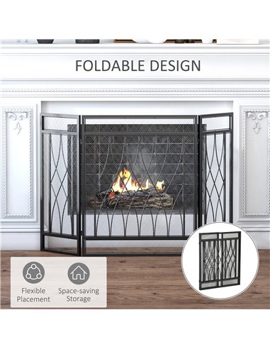 HOMCOM 3-Panel Folding Fireplace Screen, Metal Mesh Fire Spark Guard, 126L x 3W x 80H cm-Black 820-240