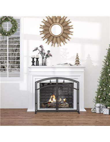 HOMCOM Fire Guard with Double Doors, Metal Mesh Fireplace Screen, Spark Flame Barrier with Tree Decoration for Living Room, Bedr