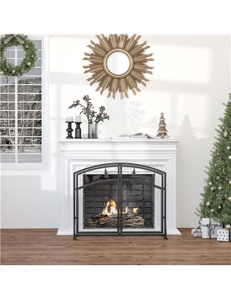 HOMCOM Fire Guard with Double Doors, Metal Mesh Fireplace Screen, Spark Flame Barrier with Tree Decoration for Living Room, Bedr - pic 96663 | FastDaddyshop