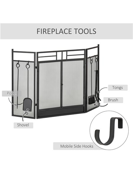 HOMCOM 3 Panel Folding Fire Guard, Steel Fireplace Screen with Double Door and Mesh Design for Open Fire, 122W x 80H cm, Black 8 - pic 96677 | FastDaddyshop