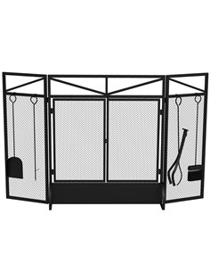 HOMCOM 3 Panel Folding Fire Guard Screen w/ Fireplace Tool Sets, Front Doors, Freestanding Fire Screen Spark Guard w/ Feet, Blac