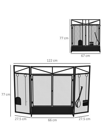 HOMCOM 3 Panel Folding Fire Guard Screen w/ Fireplace Tool Sets, Front Doors, Freestanding Fire Screen Spark Guard w/ Feet, Blac