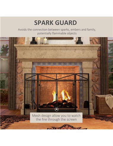 HOMCOM 3 Panel Folding Fire Guard Screen w/ Fireplace Tool Sets, Front Doors, Freestanding Fire Screen Spark Guard w/ Feet, Blac
