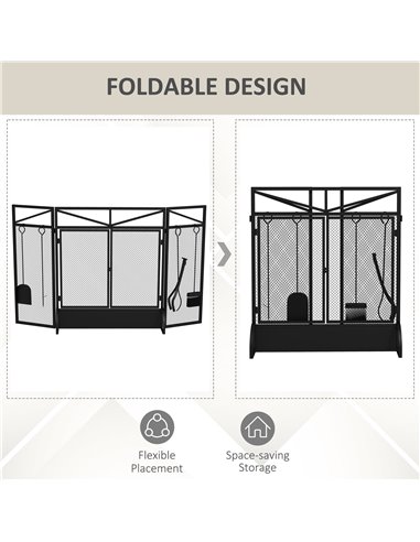 HOMCOM 3 Panel Folding Fire Guard Screen w/ Fireplace Tool Sets, Front Doors, Freestanding Fire Screen Spark Guard w/ Feet, Blac