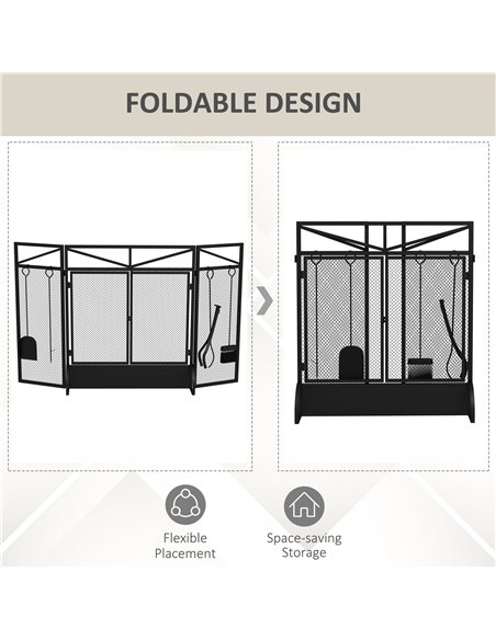 HOMCOM 3 Panel Folding Fire Guard Screen w/ Fireplace Tool Sets, Front Doors, Freestanding Fire Screen Spark Guard w/ Feet, Blac - pic 96684 | FastDaddyshop