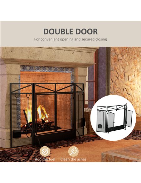 HOMCOM 3 Panel Folding Fire Guard Screen w/ Fireplace Tool Sets, Front Doors, Freestanding Fire Screen Spark Guard w/ Feet, Blac - pic 96685 | FastDaddyshop