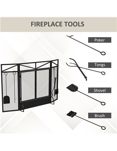 HOMCOM 3 Panel Folding Fire Guard Screen w/ Fireplace Tool Sets, Front Doors, Freestanding Fire Screen Spark Guard w/ Feet, Blac