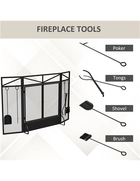 HOMCOM 3 Panel Folding Fire Guard Screen w/ Fireplace Tool Sets, Front Doors, Freestanding Fire Screen Spark Guard w/ Feet, Blac - pic 96686 | FastDaddyshop