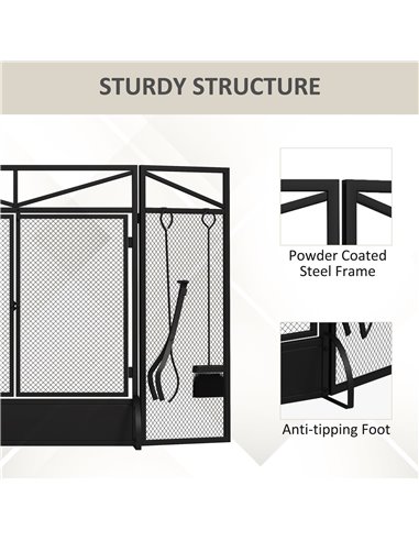 HOMCOM 3 Panel Folding Fire Guard Screen w/ Fireplace Tool Sets, Front Doors, Freestanding Fire Screen Spark Guard w/ Feet, Blac