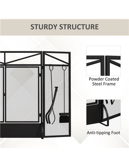 HOMCOM 3 Panel Folding Fire Guard Screen w/ Fireplace Tool Sets, Front Doors, Freestanding Fire Screen Spark Guard w/ Feet, Blac - pic 96687 | FastDaddyshop