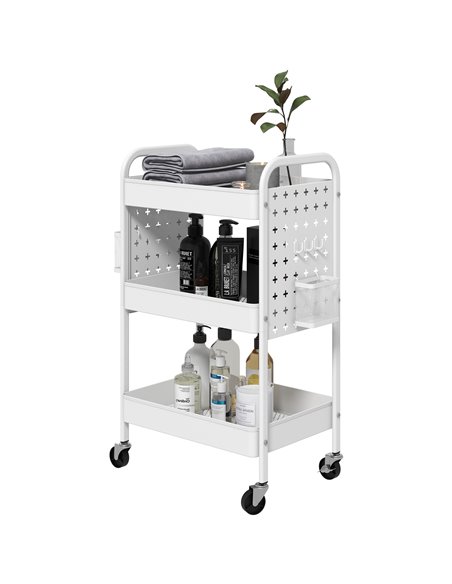 HOMCOM 3-tier Storage Trolley on Wheels, Rolling Utility Serving Cart w/ 3 Mesh Baskets, 2 Hanging Boxes & 6 Hooks for Living Ro - pic 96725 | FastDaddyshop