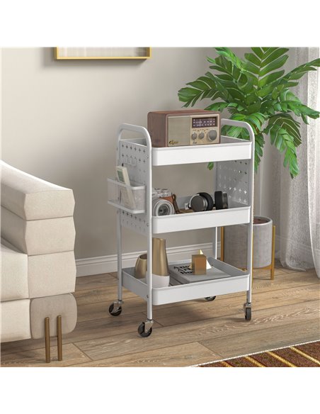 HOMCOM 3-tier Storage Trolley on Wheels, Rolling Utility Serving Cart w/ 3 Mesh Baskets, 2 Hanging Boxes & 6 Hooks for Living Ro - pic 96726 | FastDaddyshop