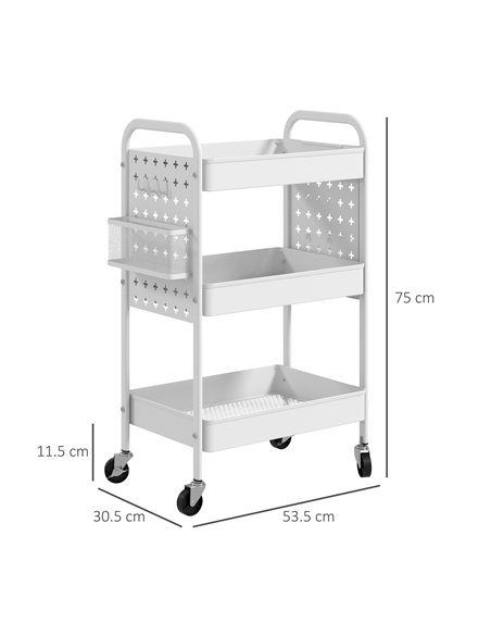 HOMCOM 3-tier Storage Trolley on Wheels, Rolling Utility Serving Cart w/ 3 Mesh Baskets, 2 Hanging Boxes & 6 Hooks for Living Ro - pic 96727 | FastDaddyshop