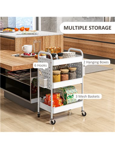 HOMCOM 3-tier Storage Trolley on Wheels, Rolling Utility Serving Cart w/ 3 Mesh Baskets, 2 Hanging Boxes & 6 Hooks for Living Ro