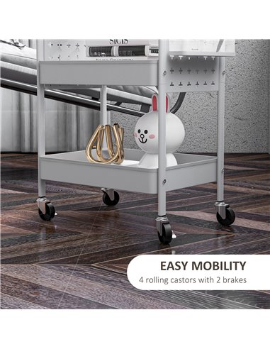 HOMCOM 3-tier Storage Trolley on Wheels, Rolling Utility Serving Cart w/ 3 Mesh Baskets, 2 Hanging Boxes & 6 Hooks for Living Ro