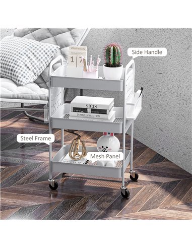 HOMCOM 3-tier Storage Trolley on Wheels, Rolling Utility Serving Cart w/ 3 Mesh Baskets, 2 Hanging Boxes & 6 Hooks for Living Ro