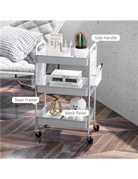 HOMCOM 3-tier Storage Trolley on Wheels, Rolling Utility Serving Cart w/ 3 Mesh Baskets, 2 Hanging Boxes & 6 Hooks for Living Ro - pic 96730 | FastDaddyshop