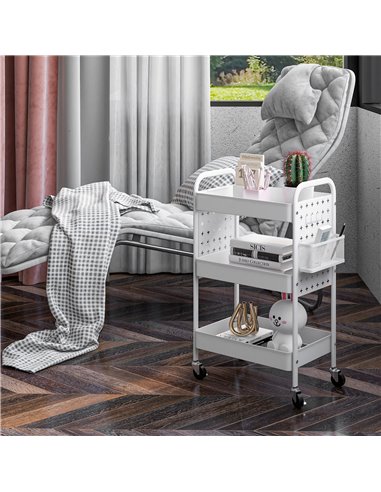 HOMCOM 3-tier Storage Trolley on Wheels, Rolling Utility Serving Cart w/ 3 Mesh Baskets, 2 Hanging Boxes & 6 Hooks for Living Ro