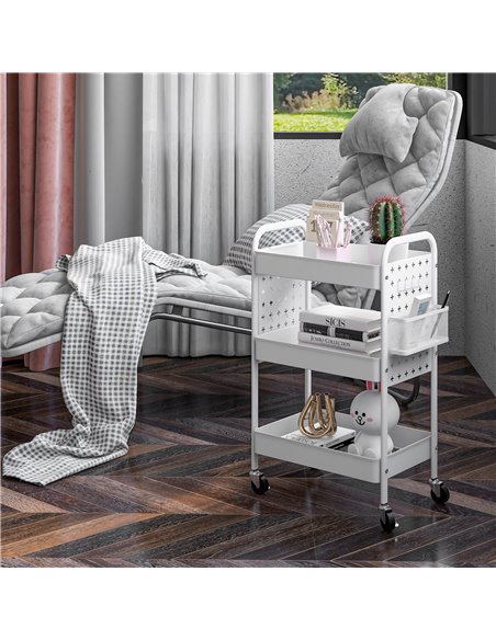 HOMCOM 3-tier Storage Trolley on Wheels, Rolling Utility Serving Cart w/ 3 Mesh Baskets, 2 Hanging Boxes & 6 Hooks for Living Ro - pic 96731 | FastDaddyshop