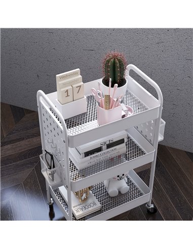 HOMCOM 3-tier Storage Trolley on Wheels, Rolling Utility Serving Cart w/ 3 Mesh Baskets, 2 Hanging Boxes & 6 Hooks for Living Ro
