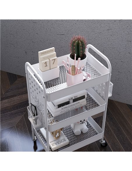 HOMCOM 3-tier Storage Trolley on Wheels, Rolling Utility Serving Cart w/ 3 Mesh Baskets, 2 Hanging Boxes & 6 Hooks for Living Ro - pic 96732 | FastDaddyshop