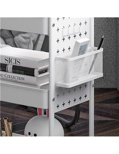 HOMCOM 3-tier Storage Trolley on Wheels, Rolling Utility Serving Cart w/ 3 Mesh Baskets, 2 Hanging Boxes & 6 Hooks for Living Ro