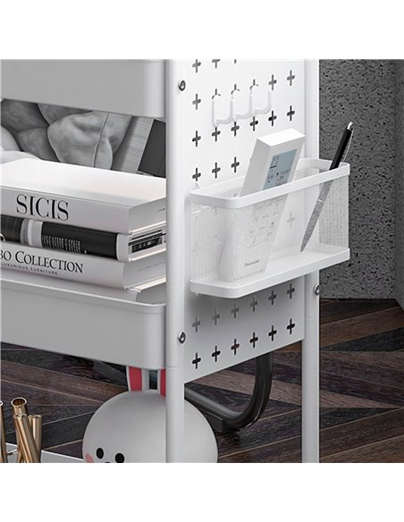 HOMCOM 3-tier Storage Trolley on Wheels, Rolling Utility Serving Cart w/ 3 Mesh Baskets, 2 Hanging Boxes & 6 Hooks for Living Ro - pic 96733 | FastDaddyshop