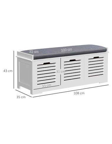 HOMCOM White Storage Bench with 3 Drawers & Removable Grey Seat Cushion Hallway Organisation furniture 837-080V71WT
