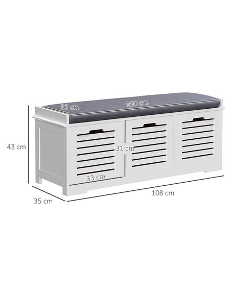 HOMCOM White Storage Bench with 3 Drawers & Removable Grey Seat Cushion Hallway Organisation furniture 837-080V71WT - pic 96817 | FastDaddyshop