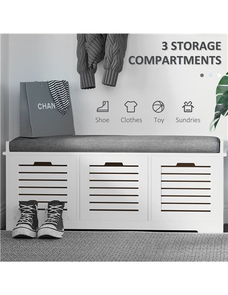 HOMCOM White Storage Bench with 3 Drawers & Removable Grey Seat Cushion Hallway Organisation furniture 837-080V71WT - pic 96818 | FastDaddyshop
