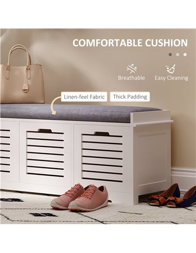 HOMCOM White Storage Bench with 3 Drawers & Removable Grey Seat Cushion Hallway Organisation furniture 837-080V71WT