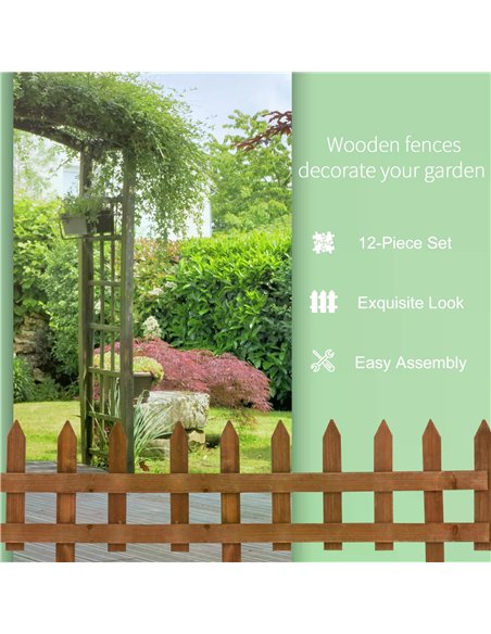 Outsunny 60L x 1D x 34H cm Pack of 12 Wooden Border Fences, Garden Fixed Picket Fence for Lawn Edging, Flowerbed, Brown 844-463B - pic 97027 | FastDaddyshop