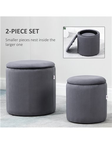 HOMCOM Modern Storage Ottoman with Removable Lid, Fabric Storage Stool, Foot Stool, Dressing Table Stool, Set of 2, Grey