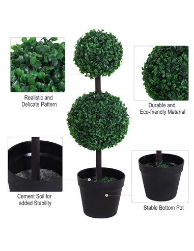 Outsunny Set of 2 Artificial Boxwood Ball Topiary Trees Potted Decorative Plant Outdoor and Indoor Décor (67cm) 844-264V01