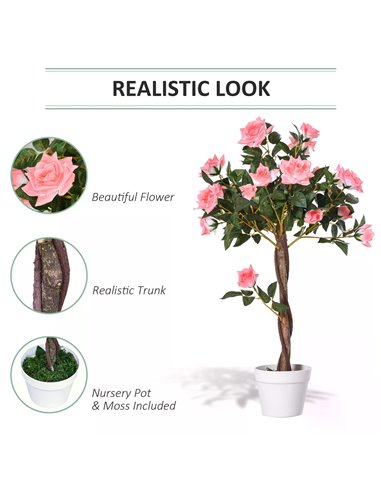 Outsunny Artificial Rose Tree: 90cm Fake Plant with 21 Flowers, Pink & Green Indoor/Outdoor Home Office Decor 844-340