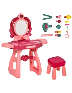 Homcom 36 Pcs Children Vanity Musical Dressing Table with Mirror, Stool, Lights, for 3+ Years Old