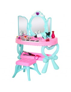 Homcom 32 PCS 2 In 1 Musical Piano Kids Dressing Table Set with Beauty Kit, for 3-6 Years Old, Pink+Blue
