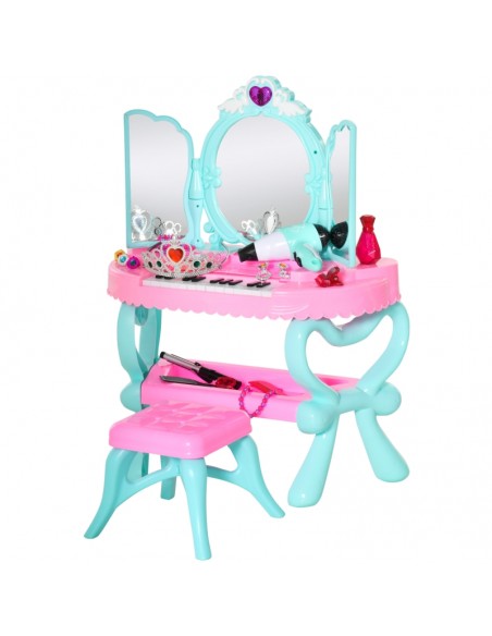 Homcom 32 PCS 2 In 1 Musical Piano Kids Dressing Table Set with Beauty Kit, for 3-6 Years Old, Pink+Blue - pic 9731 | FastDaddyshop