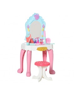 Homcom 20 Pcs Kids Musical Dressing Table Set with Beauty Kit, Mirror, Stool, for 3-6 Years Old, Pink