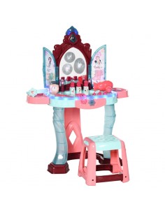 Homcom 31 Pcs Kids Dressing Table Set with Mirror, Beauty Kit, Light & Music, for 3-6 Years Old Blue+Pink