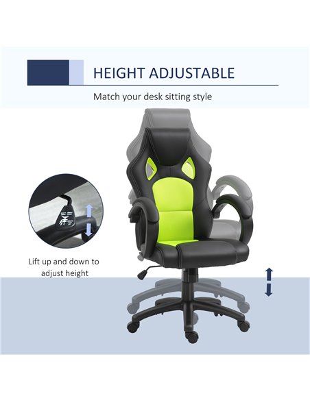 HOMCOM High-Back Gaming Chair Swivel Home Office Computer Racing Gamer Desk Chair Faux Leather with Wheels, Black Green - pic 9739 | FastDaddyshop