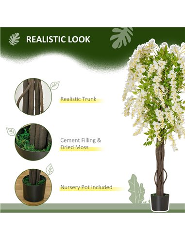 HOMCOM Artificial Realistic White Wisteria Tree Faux Decorative Plant in Nursery Pot for Indoor Outdoor Décor, 160cm 830-444