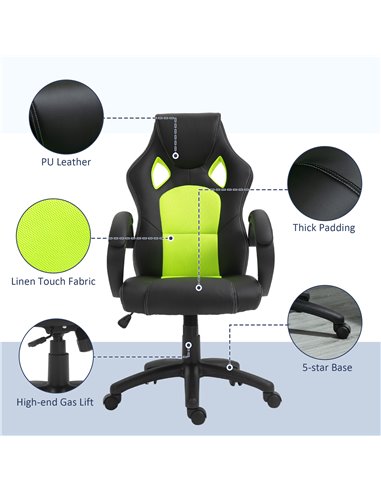 HOMCOM High-Back Gaming Chair Swivel Home Office Computer Racing Gamer Desk Chair Faux Leather with Wheels, Black Green
