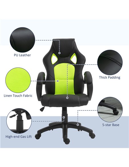 HOMCOM High-Back Gaming Chair Swivel Home Office Computer Racing Gamer Desk Chair Faux Leather with Wheels, Black Green - pic 9740 | FastDaddyshop