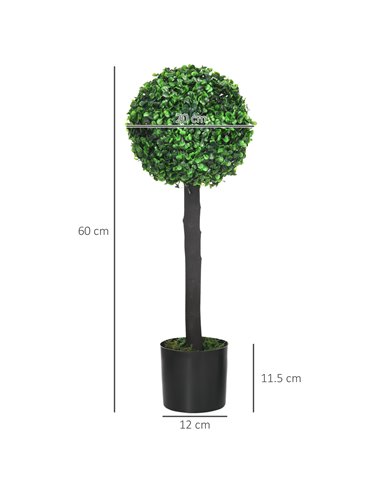 HOMCOM Artificial Boxwood Topiary Balls Set of 2: Faux Plants in Pots, Indoor Outdoor Decor, 20x20x60cm, Green. 830-678V00GN